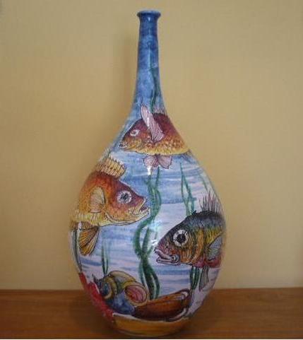 HAND PAINTED FISH CERAMIC BOTTLE P765