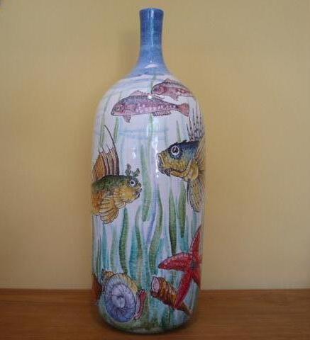 HAND PAINTED FISH CERAMIC BOTTLE P767